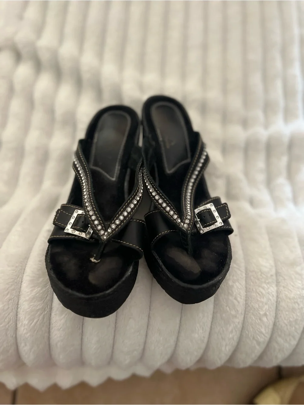 Sbicca Black Embellished Wedge Thong Sandals
